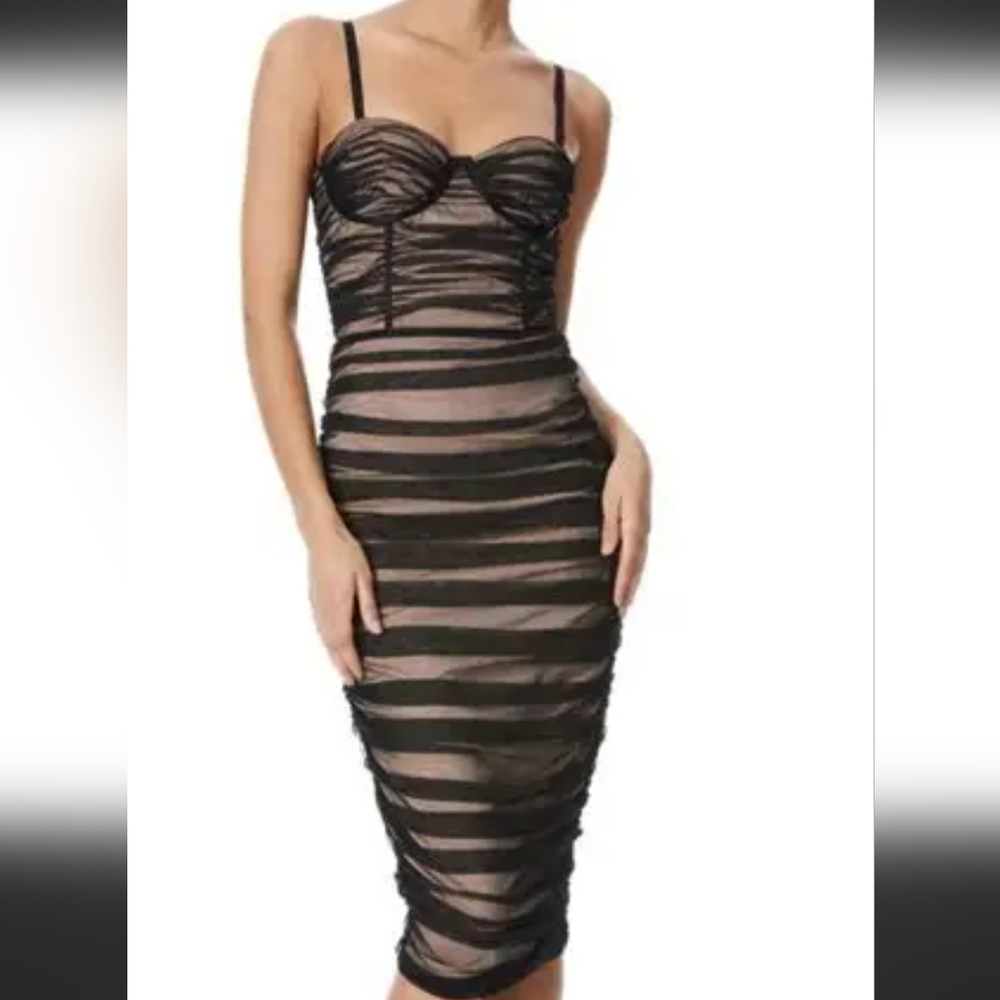 Alice + Olivia Black Sheer Striped Midi Dress